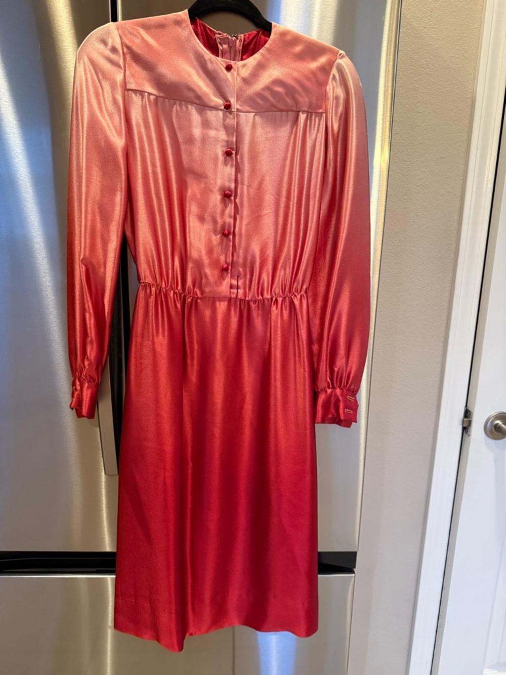 Vintage 70’s Pat Sandler Ombre Pink Red Satin Dress Long Sleeve Midi Retro Small